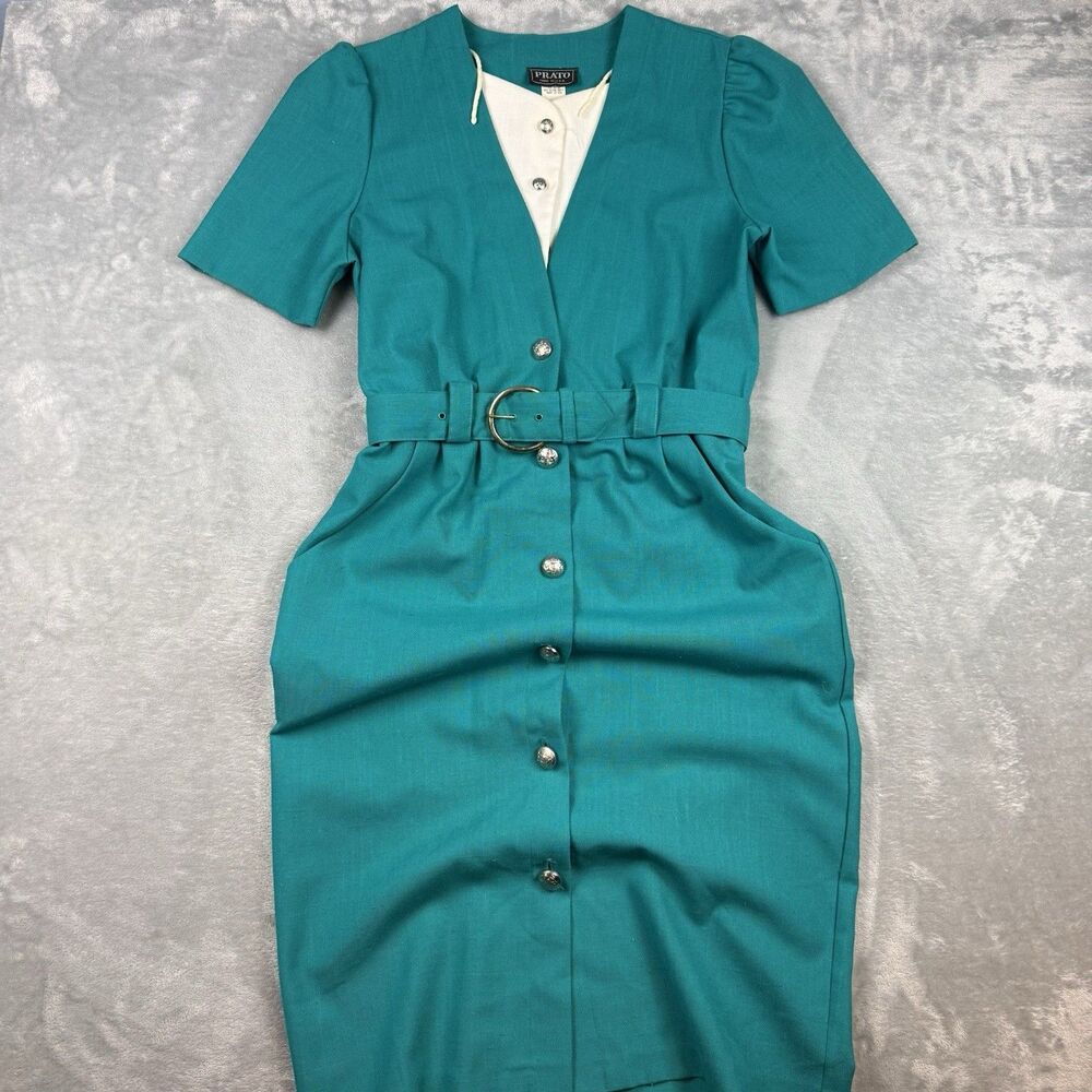 Vintage PRATO Teal Belted Dress Women’s Size 10 Midi Button Secretary Dress USA
